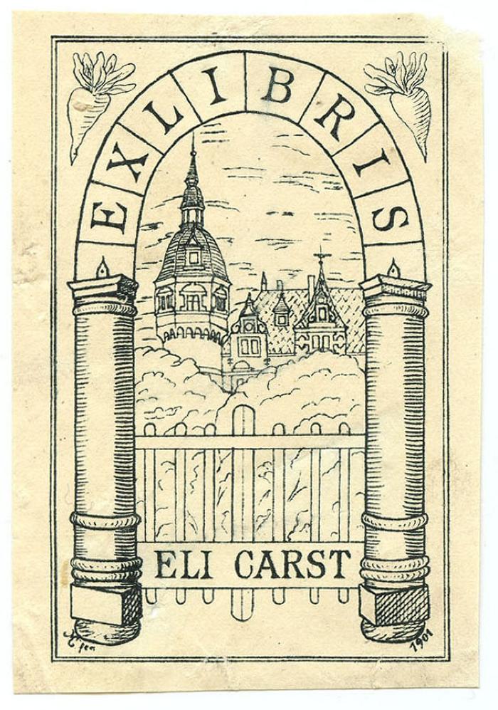 Exlibris-Nr.  236;- (Carst, Eli), Etikett: Exlibris, Name, Datum, Abbildung; 'Ex Libris Eli Carst
[Mpen] 1901'.  (Prototyp)