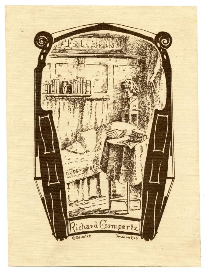 Exlibris-Nr.  198;- (Gompertz, Richard), Etikett: Exlibris, Name, Ortsangabe, Datum, Abbildung; 'Exlibris Richard Gompertz 
G. Geissler Dresden 1906'.  (Prototyp)