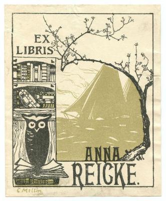 Exlibris-Nr.  185;- (Reicke, Anna), Etikett: Exlibris, Name, Abbildung; 'Ex Libris 
Anna Reicke.
Kant
G Mellin'.  (Prototyp)