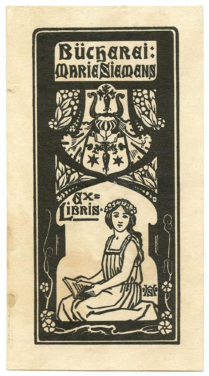 Exlibris-Nr.  240;- (Siemens, Marie von), Etikett: Exlibris, Name, Wappen, Abbildung; 'Bücherei: 
Marie Siemens 
Ex-Libris'.  (Prototyp)