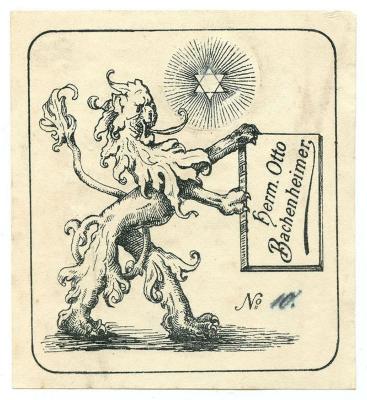 Exlibris-Nr.  183;- (Bachenheimer, Hermann Otto), Etikett: Exlibris, Name, Abbildung; 'Herm. Otto Bachenheimer №'.  (Prototyp);- (Bachenheimer, Hermann Otto), Von Hand: Exemplarnummer; '10.'. 