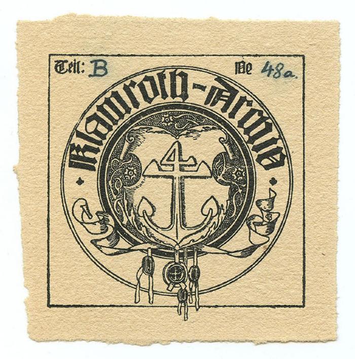 Exlibris-Nr.  178;- (Klamroth-Archiv), Etikett: Exlibris, Wappen, Name; 'Klamroth-Archiv
Teil:[B] № [48a]'.  (Prototyp)