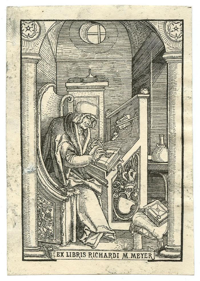 Exlibris-Nr.  159;- (Meyer, Richard M.), Etikett: Exlibris, Name, Wappen, Abbildung; 'Ex Libris Richardi M. Meyer'.  (Prototyp)