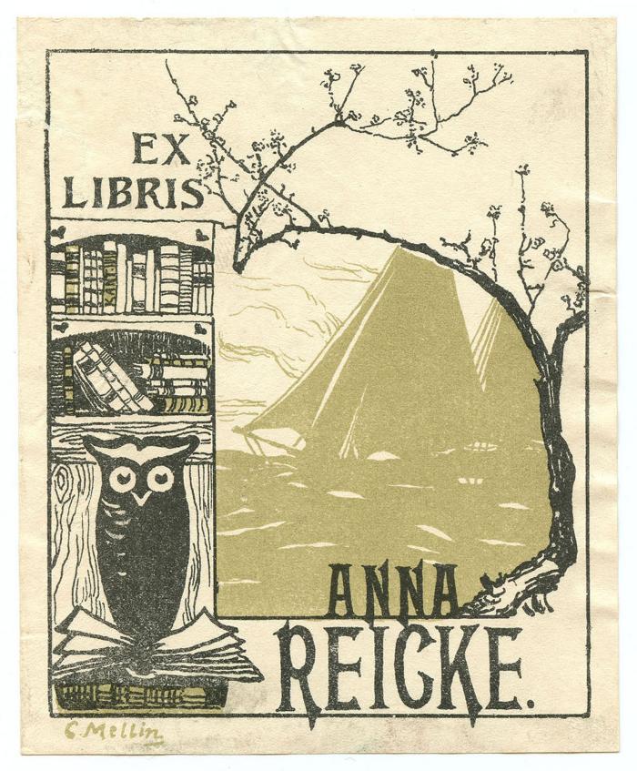 Exlibris-Nr.  185;- (Reicke, Anna), Etikett: Exlibris, Name, Abbildung; 'Ex Libris 
Anna Reicke.
Kant
G Mellin'.  (Prototyp)