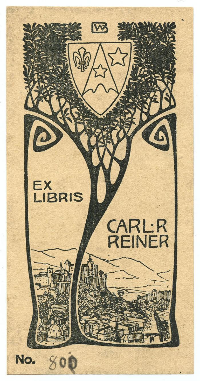 Exlibris-Nr.  238;- (Reiner, Carl R.), Etikett: Exlibris, Wappen, Name, Abbildung; 'WB
Ex Libris 
Carl R Reiner 
No.'.  (Prototyp);- (Reiner, Carl R.), Von Hand: Exemplarnummer; '800.'. 