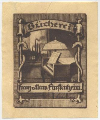 - (Fürstenheim, Franz;Fürstenheim, Clara), Etikett: Exlibris, Name, Abbildung; 'Bücherei
Franz und Clara Fürstenheim.'.  (Prototyp);Exlibris-Nr. 232