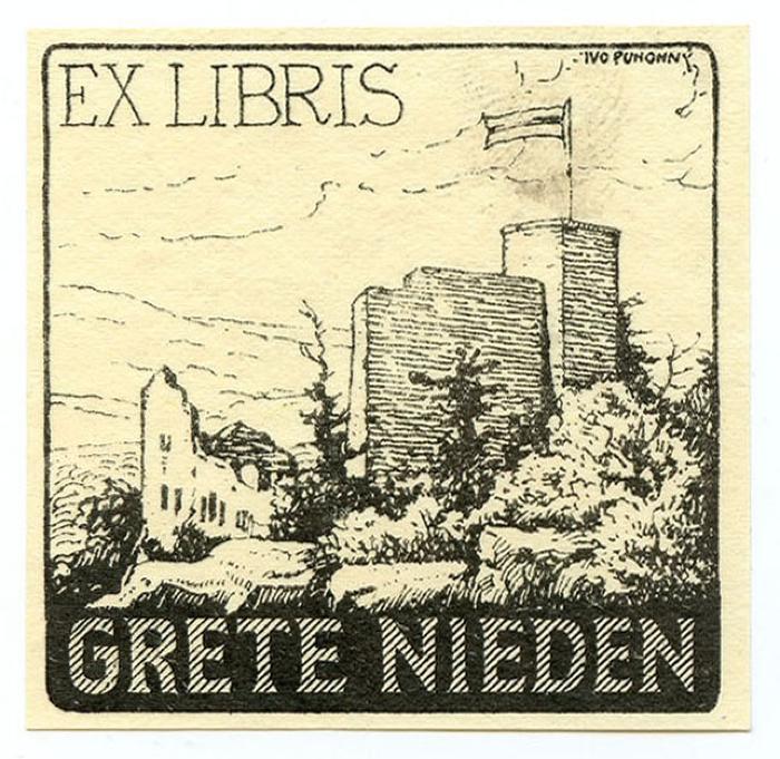 Exlibris-Nr.  180;- (Nieden, Grete), Etikett: Exlibris, Name, Abbildung; 'Ex Libris 
Grete Nieden
Ivo Puhonny'.  (Prototyp)