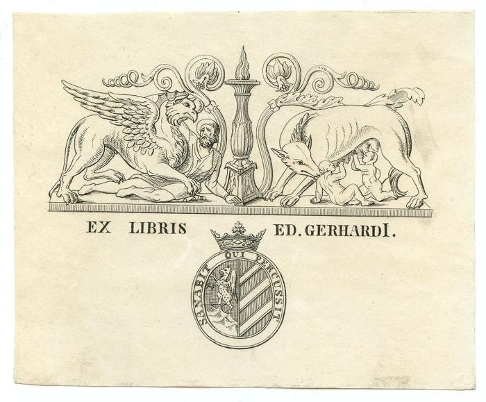 Exlibris-Nr.  237;- (Gerhard, Eduard), Etikett: Exlibris, Name, Wappen, Motto, Abbildung; 'Ex Libris Ed. Gerhardi.
sanabit qui percussit'.  (Prototyp)