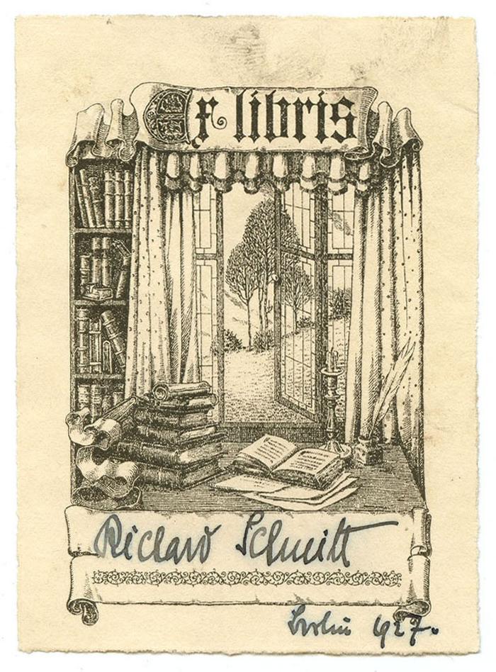 Exlibris-Nr.  157;- (Schmitt, Richard), Etikett: Exlibris, Abbildung; 'Ex Libris'.  (Prototyp);- (Schmitt, Richard), Von Hand: Autogramm, Name, Ortsangabe, Datum; 'Richard Schmitt Berlin 1927'. 
