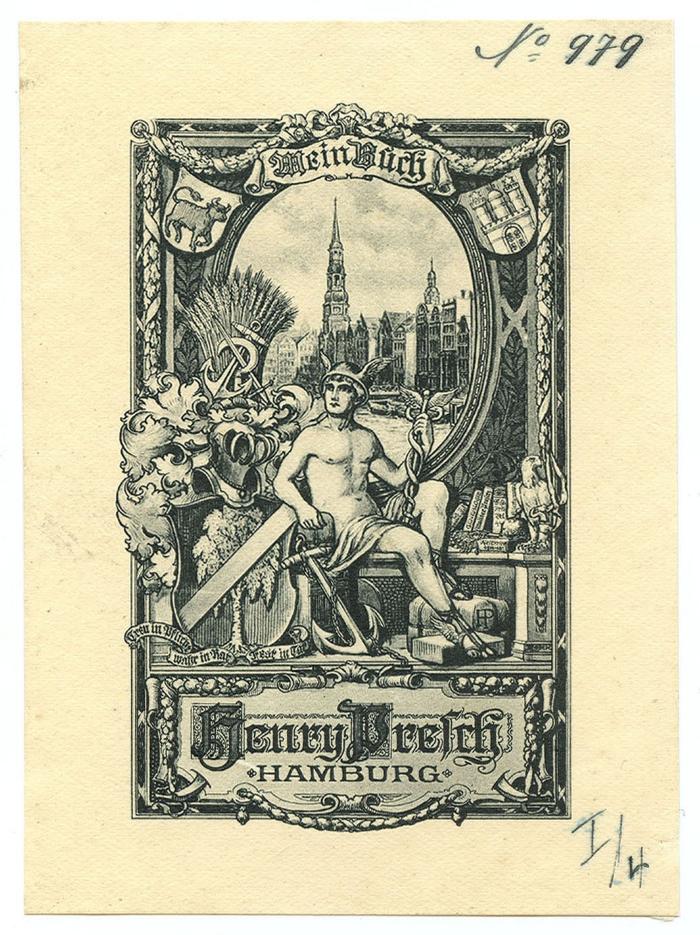 Exlibris-Nr.  184;- (Presch, Henry), Etikett: Exlibris, Name, Ortsangabe, Wappen, Abbildung; 'Mein Buch 
Henry Presch 
Hamburg
FP'.  (Prototyp);- (Presch, Henry), Von Hand: Exemplarnummer; 'No 979 I/4'. 