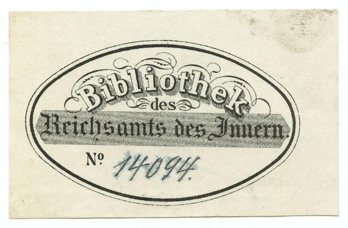 Exlibris-Nr.  235;- (Deutsches Reich. Reichsministerium des Innern), Von Hand: Exemplarnummer; '14094.'. 