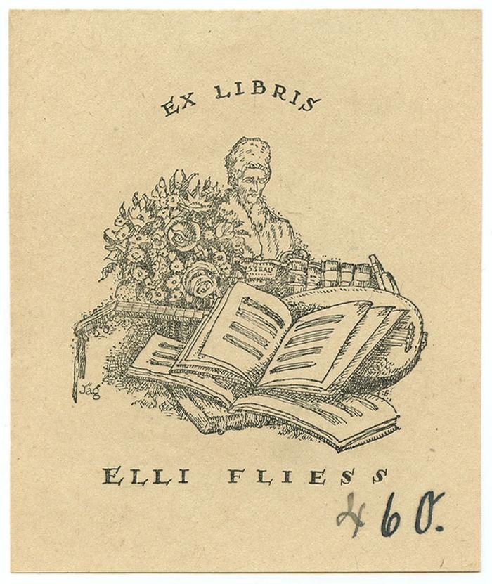 Exlibris-Nr.  209;- (Fliess, Elli), Etikett: Exlibris, Name, Abbildung; 'Ex Libris 
Elli Fliess'.  (Prototyp);- (Fliess, Elli), Von Hand: Nummer; '460.'. 