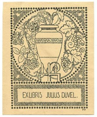 Exlibris-Nr.  309;- (Düvel, Julius), Etikett: Exlibris, Name, Initiale, Abbildung; 'Ex Libris Julius Düvel.
FD'.  (Prototyp)