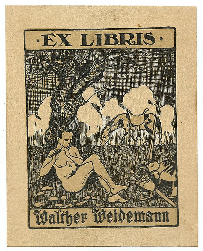 Exlibris-Nr.  331;- (Weidemann, Walther), Etikett: Exlibris, Name, Abbildung; 'Ex Libris Walther Weidemann
[...] Beyer'.  (Prototyp)