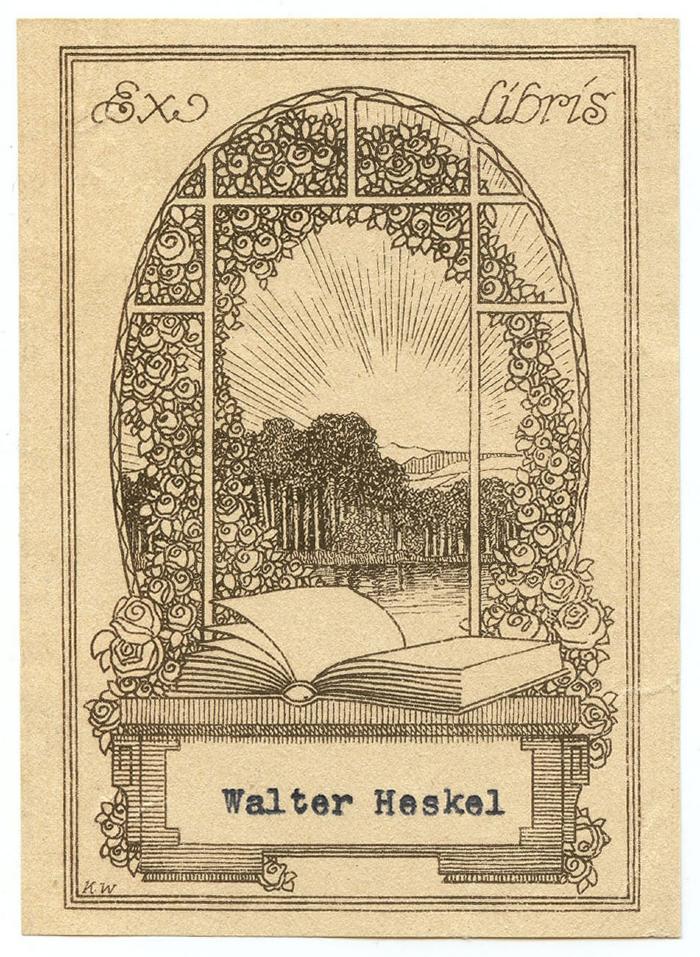 Exlibris-Nr.  330;- (Heskel, Walter), Etikett: Exlibris, Abbildung; 'Ex Libris
K.W'.  (Prototyp);- (Heskel, Walter), Stempel: Name; 'Walter Heskel'. 