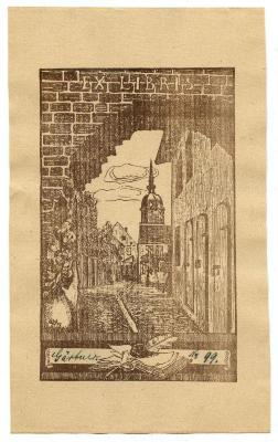 Exlibris-Nr.  278;- (Gärtner, [?]), Von Hand: Autogramm, Name, Exemplarnummer; 'Gärtner 
№ 99.'. ;- (Wolf, Erna;Gärtner, [?]), Etikett: Exlibris, Abbildung; 'Ex Libris'.  (Prototyp)