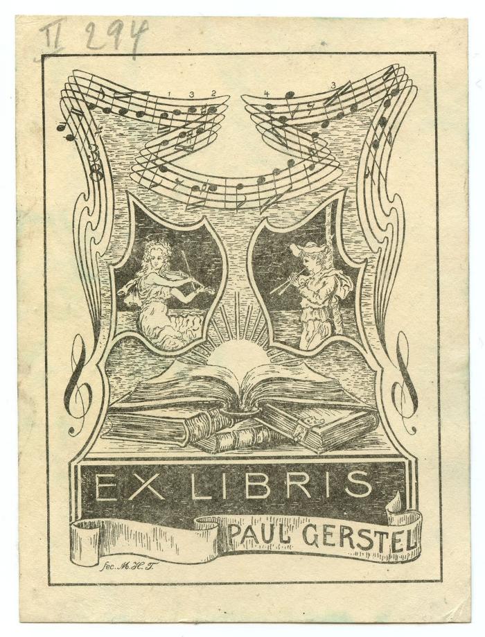 Exlibris-Nr.  340;- (Gerstel, Paul), Etikett: Exlibris, Name, Abbildung, Nummer; '13243
Ex Libris Paul Gerstel
fec.M.H.T.'.  (Prototyp);- (Berliner Stadtbibliothek), Von Hand: Signatur; 'II 294'. 