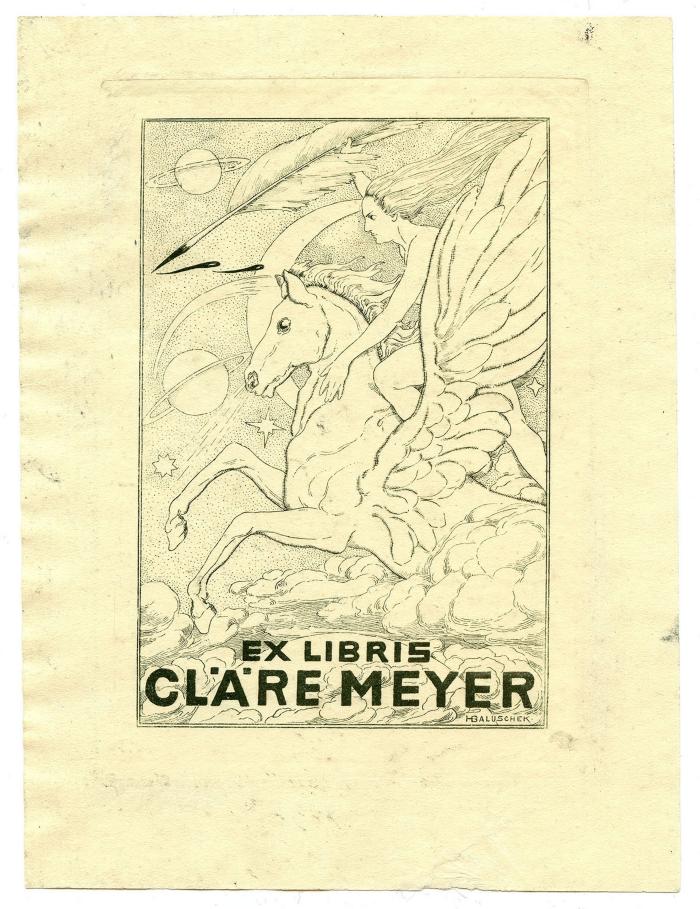 Exlibris-Nr.  305;- (Meyer, Cläre), Etikett: Exlibris, Name, Abbildung; 'Ex Libris Cläre Meyer
HBaluschek'.  (Prototyp)