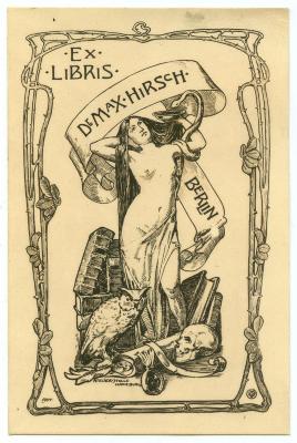 Exlibris-Nr.  266;- (Hirsch, Max), Papier: Berufsangabe/Titel/Branche, Name, Abbildung; 'Ex Libris Dr Max Hirsch Berlin
Alelier Stolle
Harzburg
1904
S

Dr. med Max Hirsch, Berlin.
Gez. v. H. Nernst 1904 (Atelier Stolle, Bad Harzburg)'.  (Prototyp)