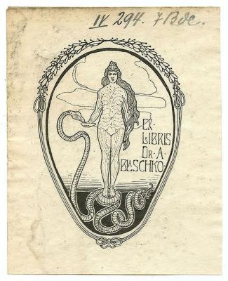 Exlibris-Nr.  332;- (Blaschko, Alfred), Etikett: Exlibris, Name, Berufsangabe/Titel/Branche, Abbildung; 'Ex Libris Dr. A. Blaschko'.  (Prototyp);- (Berliner Stadtbibliothek), Von Hand: Signatur; 'IV 294. 7 Bde.'. 