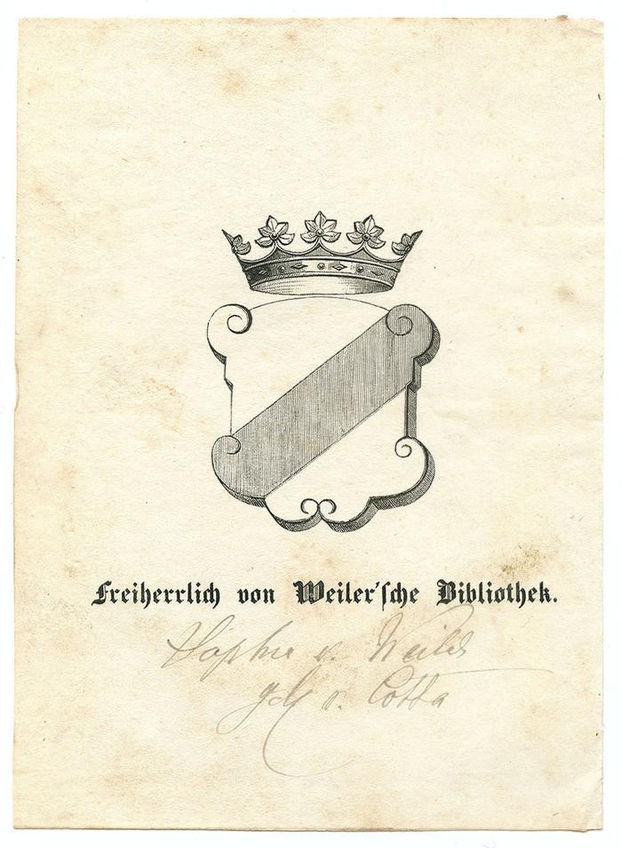 Exlibris-Nr.  302;- (Weiler, Ursula Adelheid Sofie von und zu, Freifrau), Von Hand: Name, Autogramm; 'Sophie v. Weiler
Geb. v. Cotta'. 