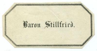 Exlibris-Nr.  293;- (Stillfried-Alcantara, Rudolf Maria Bernhard von), Etikett: Exlibris, Name; 'Baron Stillfried.'.  (Prototyp)
