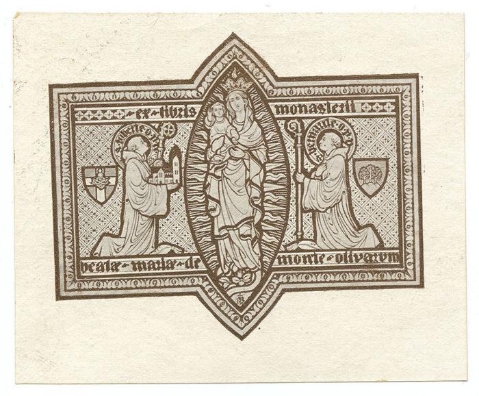 Exlibris-Nr.  311;- (Kloster (Ölenberg)), Etikett: Exlibris, Name, Abbildung; 'ex-libris monasterii beatae mariae de monte olivarum'.  (Prototyp)
