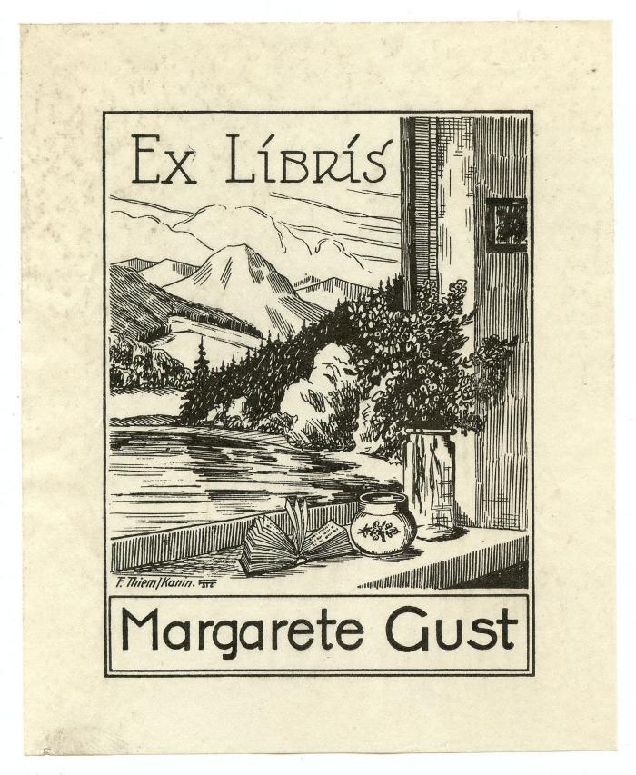 Exlibris-Nr.  350;- (Gust, Margarete), Etikett: Exlibris, Name, Abbildung; 'Ex Libris Margarete Gust
F. Thiem / Kanin.'.  (Prototyp)