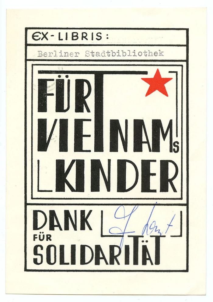 Exlibris-Nr.  299;- (Kant, Herrmann), Von Hand: Autogramm, Name; 'Hermann Kant'. ;- (Berliner Stadtbibliothek),  Name'Berliner Stadtbibliothek'.  (Prototyp)