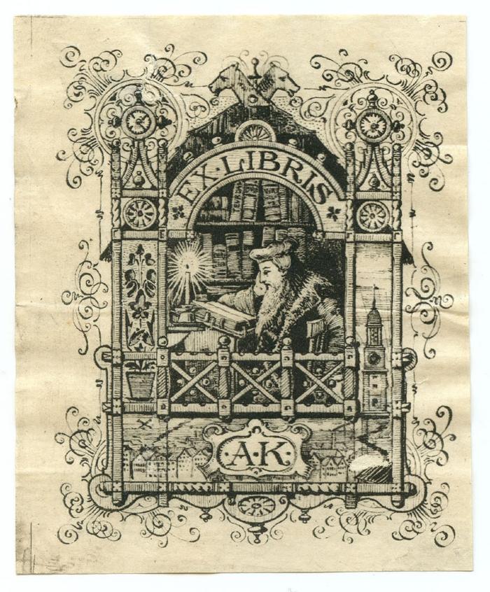 Exlibris-Nr.  281;48 / 3598 (Köster, Albert), Etikett: Exlibris, Initiale, Abbildung; 'A K'.  (Prototyp)