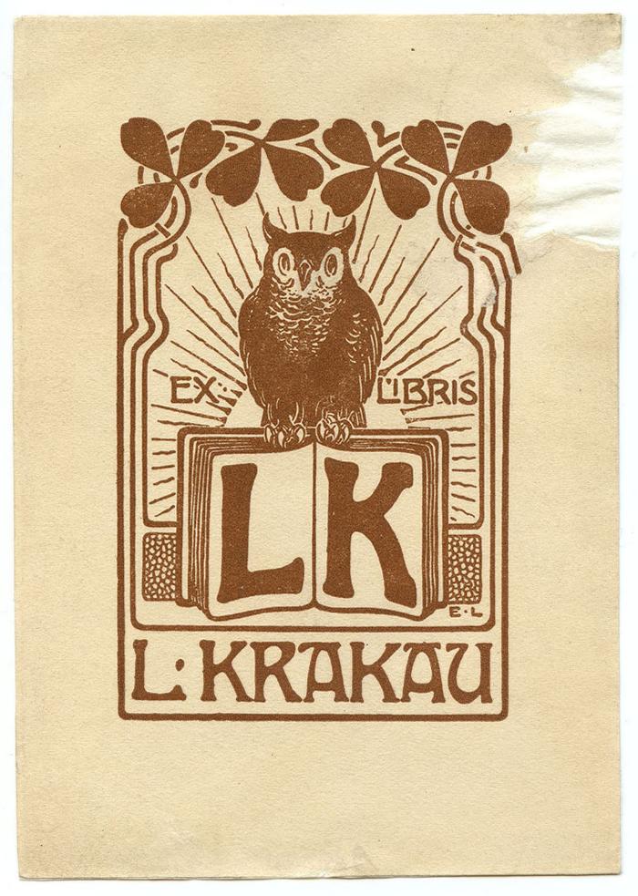 Exlibris-Nr.  303;- (Krakau, L.), Etikett: Exlibris, Initiale, Name, Abbildung; 'Ex Libris 
LK
L. Krakau
E L'.  (Prototyp)