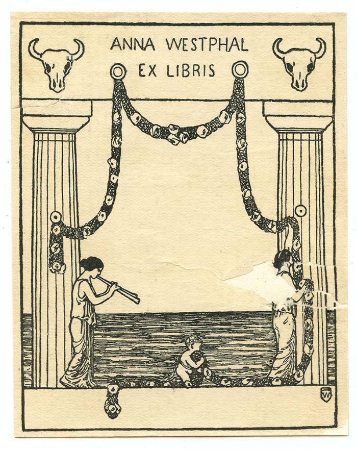 Exlibris-Nr.  288;- (Westphal, Anna), Etikett: Exlibris, Name, Initiale, Abbildung; 'Anna Westphal 
Ex Libris
W'.  (Prototyp)