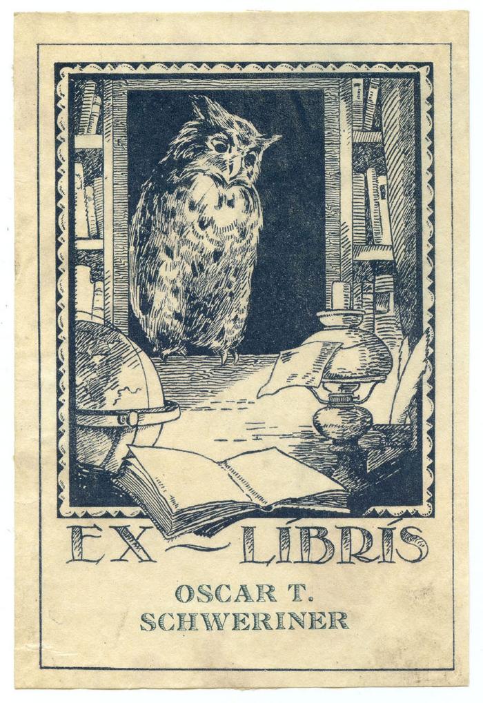Exlibris-Nr.  263;- (Schweriner, Oscar Theodor), Etikett: Exlibris, Name, Abbildung; 'Ex-Libris Oscar T. Schweriner'.  (Prototyp)