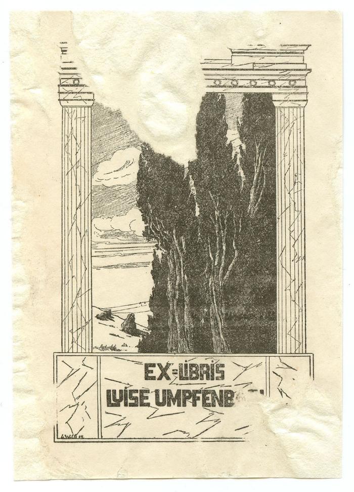 Exlibris-Nr.  313;- (Umpfenbach, Luise), Etikett: Exlibris, Name, Datum, Abbildung; 'Ex Libris Luise Umpfenba[..]
L Willi 04'.  (Prototyp)