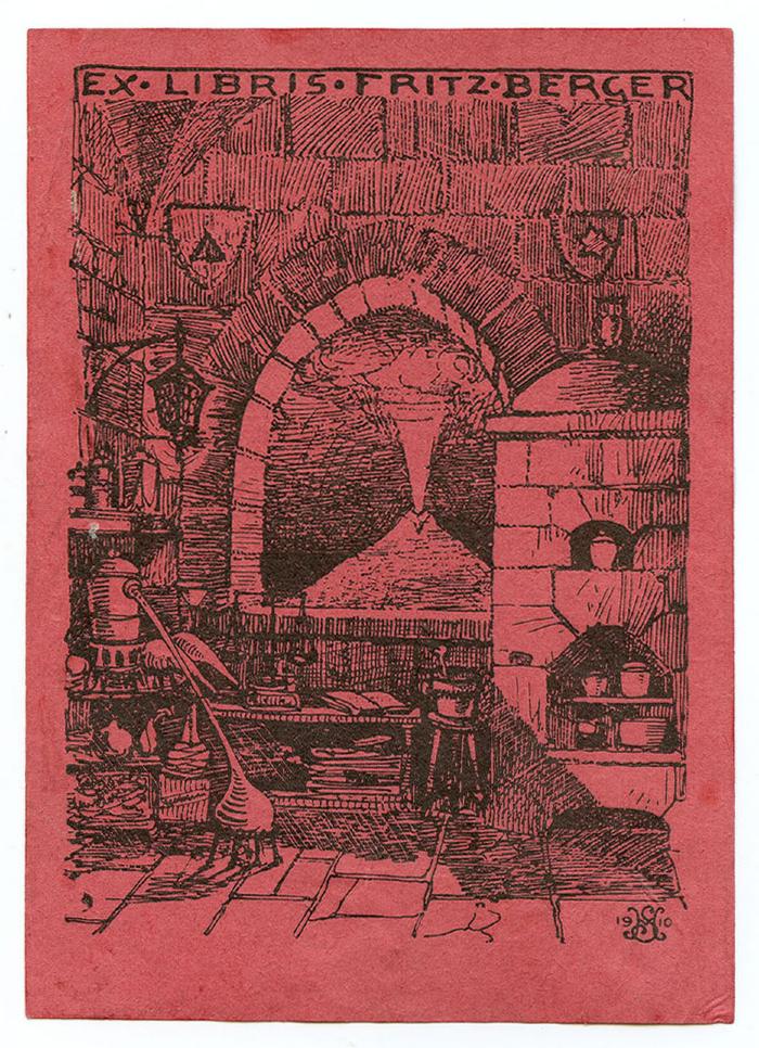 Exlibris-Nr.  260;- (Berger, Fritz), Etikett: Exlibris, Monogramm, Name, Datum, Abbildung; 'Ex Libris Fritz Berger
HS 1910'.  (Prototyp)