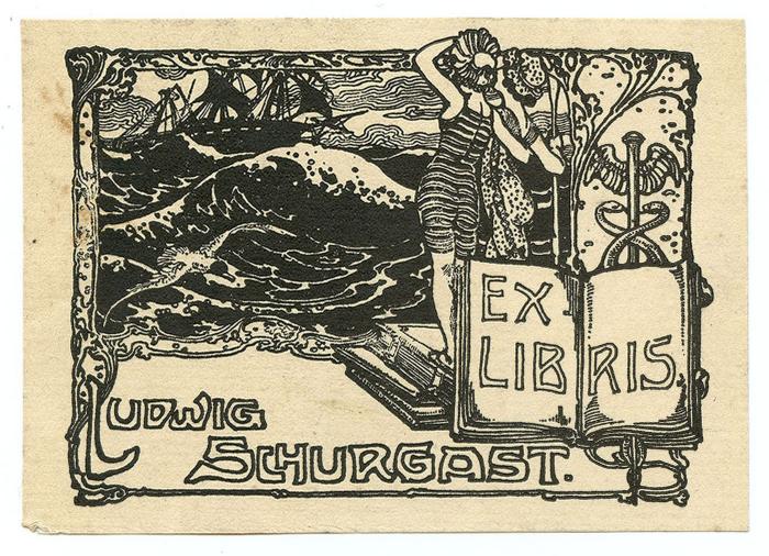 Exlibris-Nr.  336;- (Schurgast, Ludwig), Etikett: Exlibris, Name, Abbildung; 'Ex Libris Ludwig Schurgast'.  (Prototyp)