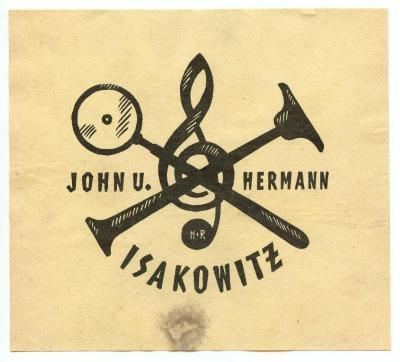 Exlibris-Nr.  276;- (Isakowitz, John;Isakowitz, Hermann), Etikett: Exlibris, Name, Initiale, Abbildung; 'John u. Hermann Isakowitz
HR'.  (Prototyp)