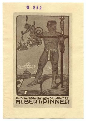 Exlibris-Nr.  269;- (Pinner, Albert), Etikett: Exlibris, Berufsangabe/Titel/Branche, Name, Abbildung; 'Ex Libris Justizrat Albert Pinner'.  (Prototyp);- (unbekannt), Stempel: Nummer; '3 242'. 