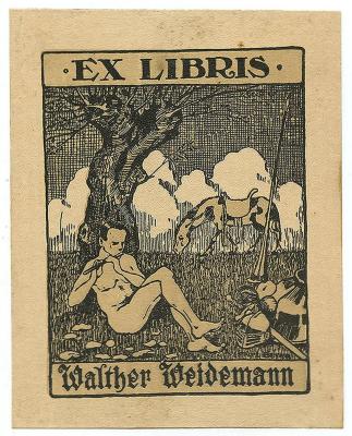 Exlibris-Nr.  331;- (Weidemann, Walther), Etikett: Exlibris, Name, Abbildung; 'Ex Libris Walther Weidemann
[...] Beyer'.  (Prototyp)