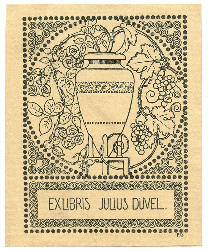 Exlibris-Nr.  309;- (Düvel, Julius), Etikett: Exlibris, Name, Initiale, Abbildung; 'Ex Libris Julius Düvel.
FD'.  (Prototyp)
