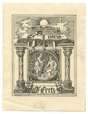 Exlibris-Nr.  259;- (Pertz, [?]), Etikett: Exlibris, Berufsangabe/Titel/Branche, Motto, Name, Datum, Abbildung; 'Post nubila phoebus 
Ex Libris Dr. Pertz
Georg Barlösius M D CCCC'.  (Prototyp)