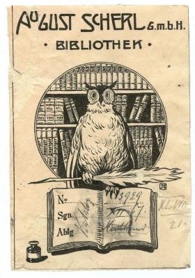 Exlibris-Nr.  252;- (August-Scherl-GmbH (Berlin)), Etikett: Exlibris, Berufsangabe/Titel/Branche, Name, Monogramm, Abbildung; 'August Scherl G.m.b.H.
Bibliothek
JVK
No
Sgn.
Abtg.
Adreßbuch Berlin 
1901 1902 1903
Weite Welt
Loka-Anzeiger
Der Tag'.  (Prototyp);- (unbekannt), Von Hand: Notiz, Nummer; 'Katalog 
3929
XII 67
[...]
XLVII 21
'. 