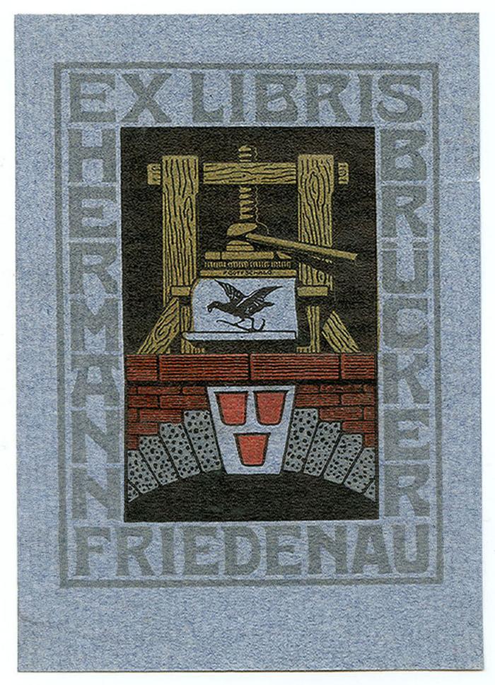 Exlibris-Nr.  307;- (Brücker, Hermann), Etikett: Exlibris, Name, Ortsangabe, Abbildung; 'Ex Libris Hermann Brücker Friedenau'.  (Prototyp)