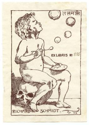 Exlibris-Nr.  262;- (Schmidt, Richard), Etikett: Exlibris, Motto, Name, Initiale, Abbildung; 'तत्त्वमसि
Ex Libris №
Richard Schmidt 
HG'. 