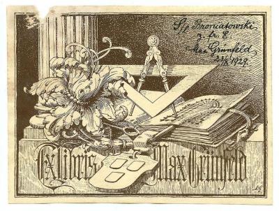 Exlibris-Nr.  284;G46 / 96 (Grünfeld, Max), Etikett: Exlibris, Name, Initiale, Abbildung; 'Ex libris Max Grünfeld
M.G.'.  (Prototyp);- (Broniatowski, Nathan;Grünfeld, Max), Von Hand: Name, Datum, Widmung; 'S/l Broniatowski z. fr. E. Max Grünfeld 23/X 1929.'. 