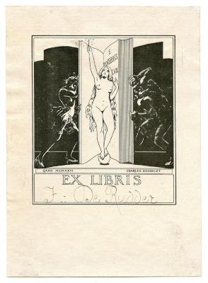 Exlibris-Nr.  344;- (Rudder, Isidore de), Etikett: Exlibris, Abbildung; 'Ex Libris'.  (Prototyp);- (Rudder, Isidore de), Von Hand: Autogramm, Name; 'I. De Rudder'. 