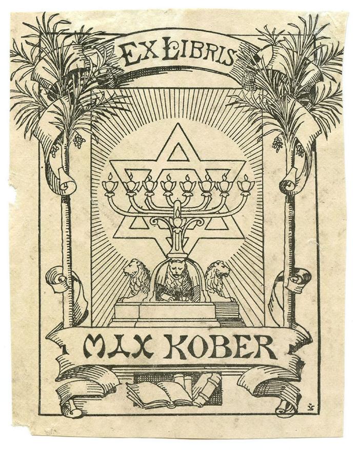 Exlibris-Nr.  286;- (Kober, Max), Etikett: Exlibris, Name, Initiale, Abbildung; 'Ex Libris 
Max Kober
צ'.  (Prototyp)