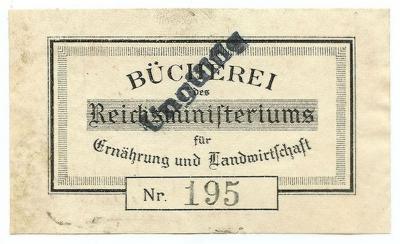 Exlibris-Nr.  328;- (Deutschland (Deutsches Reich). Reichsministerium für Ernährung und Landwirtschaft), Etikett: Name, Berufsangabe/Titel/Branche; 'Bücherei des Reichsministeriums für Ernährung und Landwirtschaft Nr. [195]'.  (Prototyp)