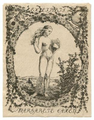 Exlibris-Nr.  256;- (Cahen, Margarete), Etikett: Exlibris, Name, Datum, Abbildung; 'Ex Libris Margarete Cahen
[....] 1911'.  (Prototyp)