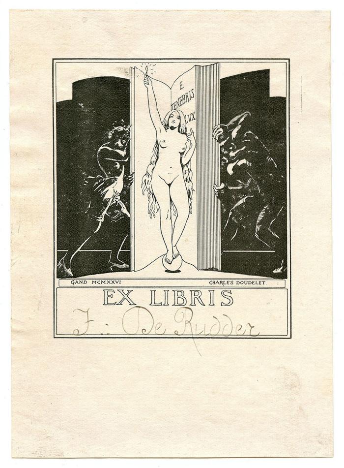 Exlibris-Nr.  344;- (Rudder, Isidore de), Etikett: Exlibris, Abbildung; 'Ex Libris'.  (Prototyp);- (Rudder, Isidore de), Von Hand: Autogramm, Name; 'I. De Rudder'. 